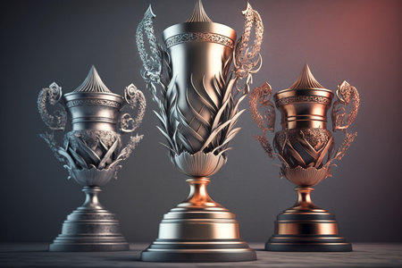 Top 3 spots winners trophies gold, silver and bronze in dark isolated background. Created with Generative AI technology.の素材