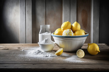 Baking soda or sodium bicarbonate and lemon on wooden table at home. This combination is effective home remedy with many applications. Created with Generative AI technology.の素材