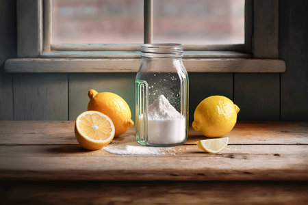 Baking soda or sodium bicarbonate and lemon on wooden table at home. This combination is effective home remedy with many applications. Created with Generative AI technology.の素材