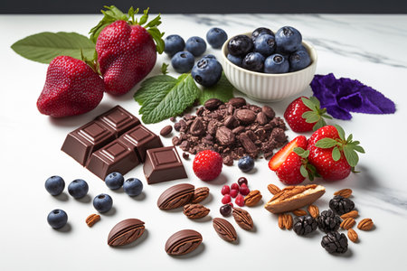 Group of food high in antioxidant consisting nuts, berries, dark chocolate for healthy living. Created with Generative AI technology.の素材