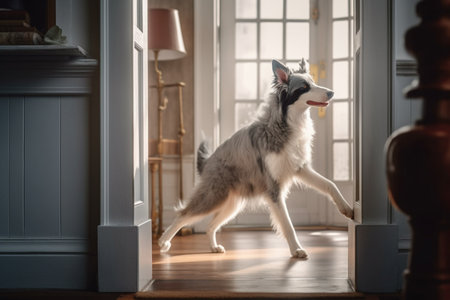 Excited and emotionally happy dog at home door entrance waiting the arrival of her master. Created with Generative AI technology.の素材