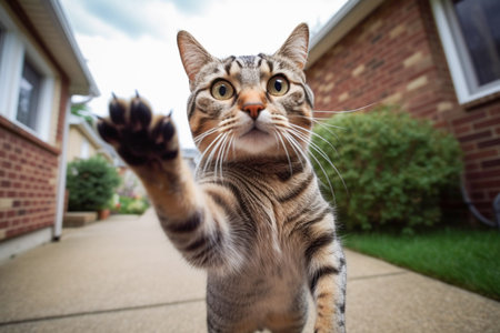 Excited and emotionally happy cat at home yard entrance greeting the arrival of her master. Created with Generative AI technology.の素材