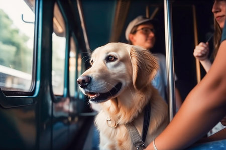 Obedient golden retriever pet dog seated while riding in public transport train coach together with owner. Created with Generative AI technology.の素材
