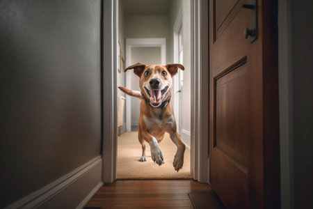 Excited and emotionally happy dog at home door entrance greeting the arrival of her master. Created with Generative AI technology.の素材