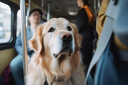 Obedient golden retriever pet dog seated while riding in public transport train coach together with owner. Created with Generative AI technology.の素材
