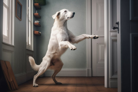 Excited and emotionally happy dog at home door entrance waiting the arrival of her master. Created with Generative AI technology.の素材