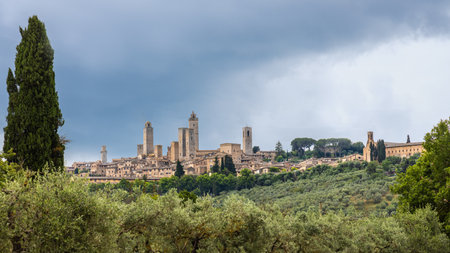 Panoramic view of San Gimignano, an ancient town in Tuscany, Italy, with popular towers.の写真素材