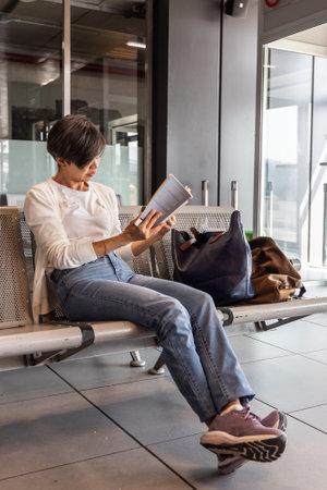 MIddle age Asian woman with luggage reading book to kill time while waiting for departure in airport terminalの写真素材