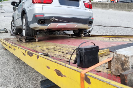 Close-up of flat bed tow truck attempt to tow and rescue a broken down car with cable, from the...