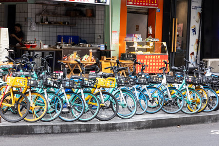Bicycle sharing is way of life in Chengdu. Featured here are rows of bicycles for rent conveniently...