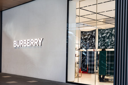 Burberry is popular British brand founded in 1856 with a heritage of innovation, craftsmanship and design. Feature here its store facade in downtown Chengdu, Sichuan, Chinaのeditorial素材