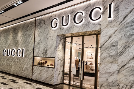 Founded in Florence Italy in 1921, Gucci is one of the worlds leading luxury brands. Featured here is Gucci luxury store in Kuala Lumpur, Malaysiaのeditorial素材