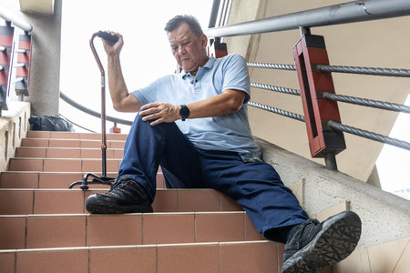 Asian man with extreme knee pain resting on staircase with hand on knees to relieve pain.