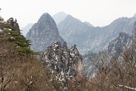 The Five Fingers Peak formation in Huangshan or Yellow Mountain in China. Popular tourism destination with natural landscapeの写真素材
