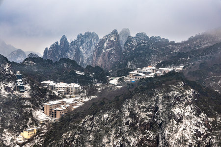 Beautiful landscape with pine trees on granite mountain at Huangshan or Yellow Mountain in Springtime. Huangshan is popular mountain tourism destination in China.の写真素材