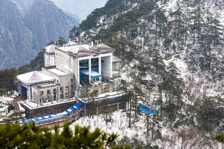 Cable car arriving the Huangshan or Yellow Mountain station. Cableway important facility and infrastructure in promoting tourismの写真素材