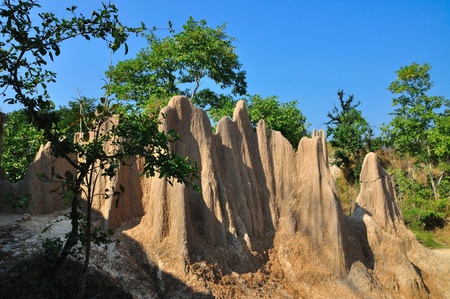 a piece of land has sunk down causing a high cliff outbreak with earthen pillars similar to Phrae...