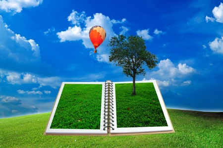 Open book with tree and hot air balloon over green field and blue skyの写真素材