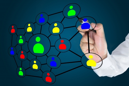 Hand of Business man write social network diagram on touch screenの写真素材