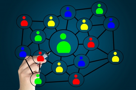 Hand of Business man write social network diagram on touch screenの写真素材