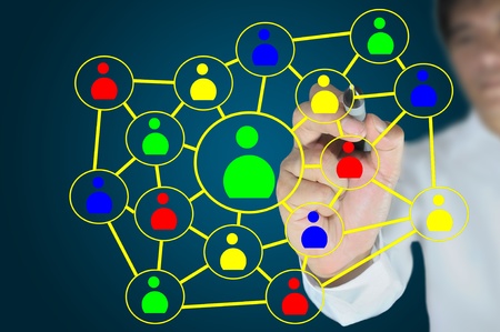 Hand of business man write a social network chart or diagram の写真素材