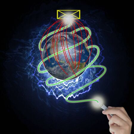 Male hand draw earth globe with tree on abstract background as conceptual image.の写真素材