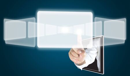 male hand from tablet push a transparent buttonの写真素材