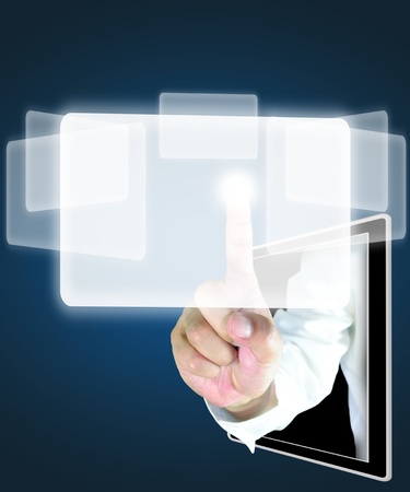 male hand from tablet push a flying transparent buttonの写真素材