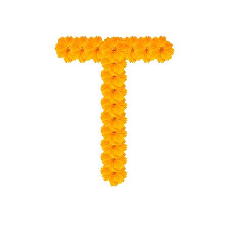 alphabet T from yellow and orange flowers. Isolated on white background. With clipping pathの写真素材