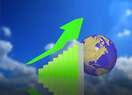 3d graph with earth globe on world map backgroundの写真素材