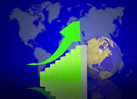 3d graph with earth globe on world map backgroundの写真素材