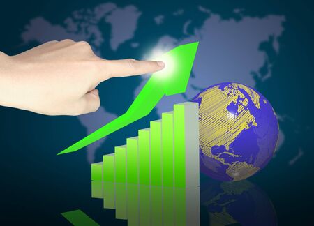 3d graph with earth globe on world map backgroundの写真素材
