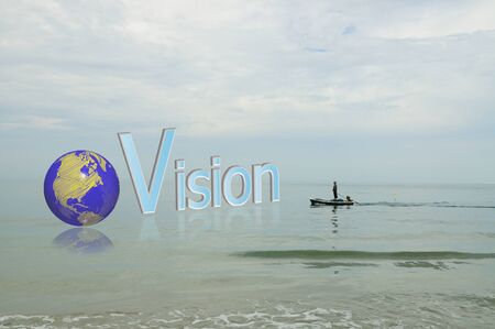 Fisherman looking at the word vision and earth globe in business conceptの写真素材