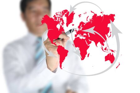 Business man write global network or globalization concept on touch screenの写真素材