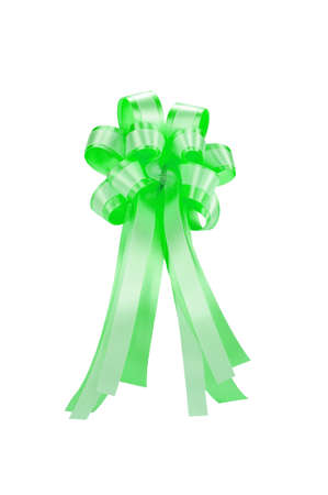 green ribbon bow isolated on white, clipping path includedの写真素材