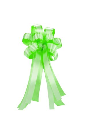 light green ribbon bow isolated on white, clipping path includedの写真素材