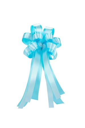light blue ribbon bow isolated on white, clipping path includedの写真素材