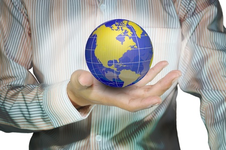 Earth globe in hand of business manの写真素材