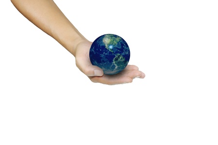 Earth globe in male handの写真素材