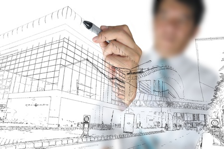 Business man draw building and cityscapeの写真素材