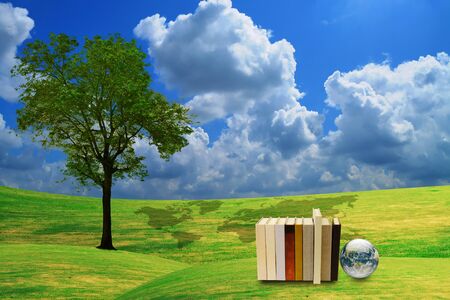 lonely tree with stack of book and earth globeの写真素材