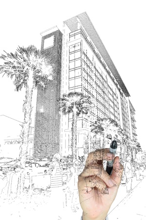 Hand of business man draw building and cityscapeの写真素材