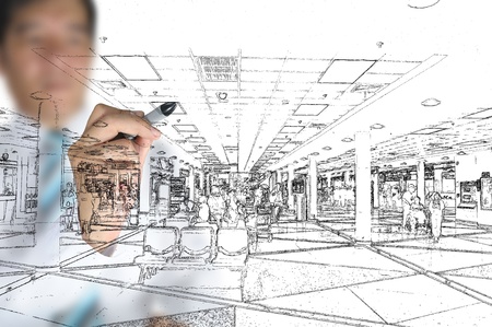 Hand of business man draw visual interior design の写真素材