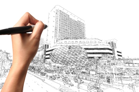 Hand of Business Man Draw Modern building and Cityscape の写真素材