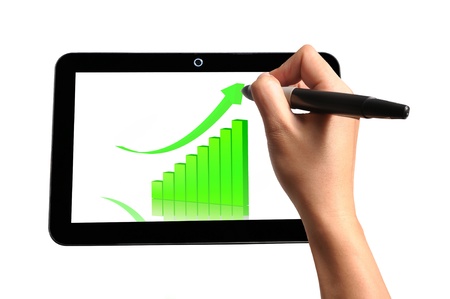 Hand of Business Man Draw 3d Graph on Touch screen of Tablet PCの写真素材