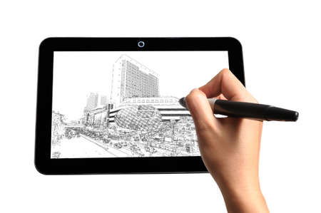 Hand of business man draw visual cityscapeの写真素材
