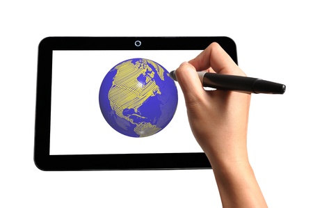 Hand of Business Man Draw 3D earth globe on Touch screen of Tablet PCの写真素材