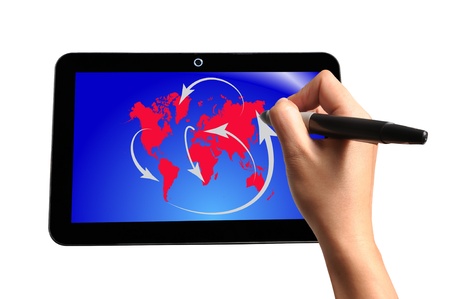 Hand of Business Man Draw Global Network Diagram on Touch screen of Tablet PCの写真素材