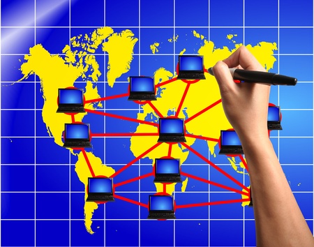 Hand of Business Man Draw Global Network Diagram on Touch screen of Tablet PCの写真素材