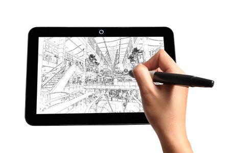 Hand of business man draw visual cityscapeの写真素材
